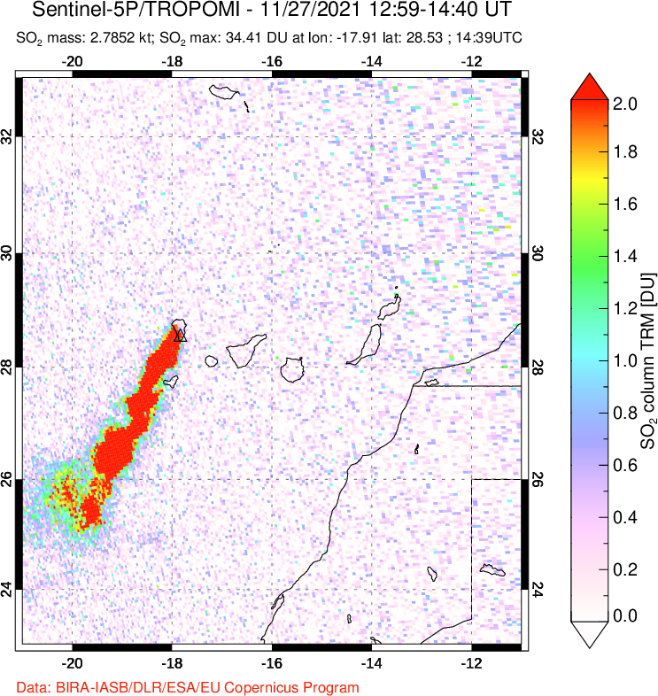 A sulfur dioxide image over Canary Islands on Nov 27, 2021.