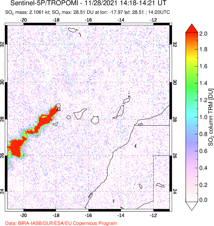 A sulfur dioxide image over Canary Islands on Nov 28, 2021.