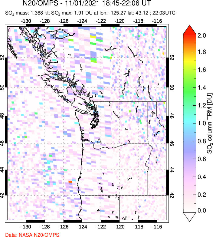 A sulfur dioxide image over Cascade Range, USA on Nov 01, 2021.