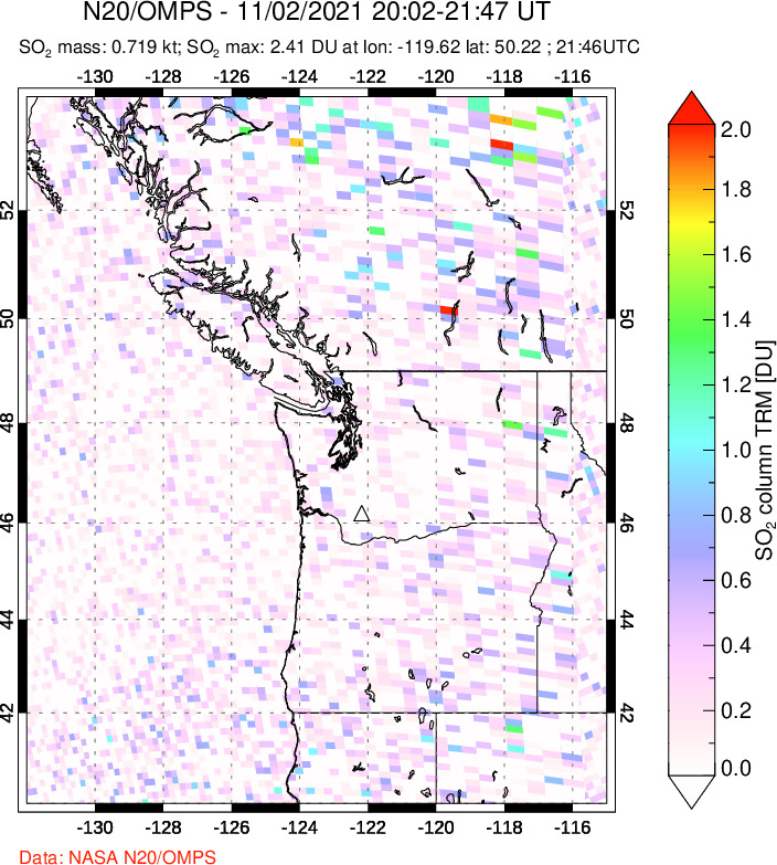 A sulfur dioxide image over Cascade Range, USA on Nov 02, 2021.