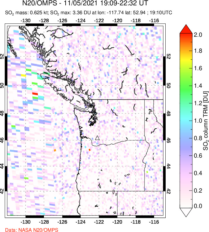 A sulfur dioxide image over Cascade Range, USA on Nov 05, 2021.