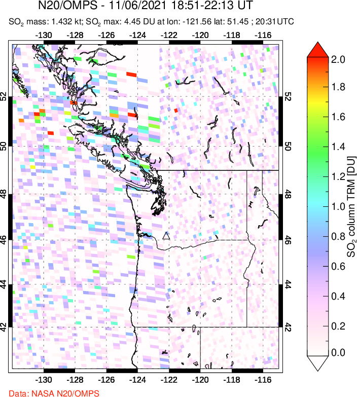 A sulfur dioxide image over Cascade Range, USA on Nov 06, 2021.