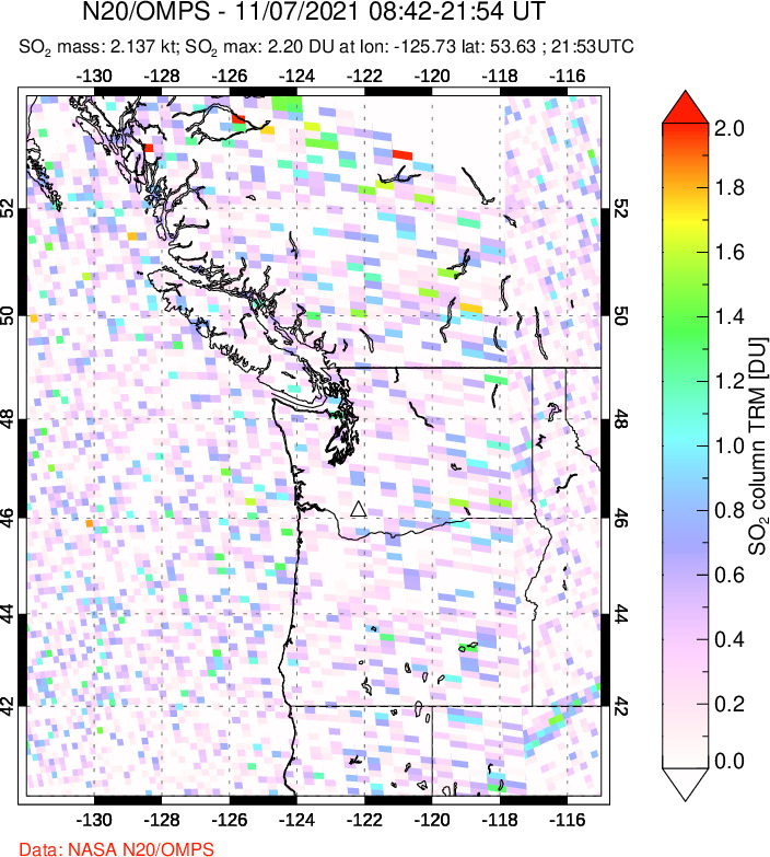 A sulfur dioxide image over Cascade Range, USA on Nov 07, 2021.