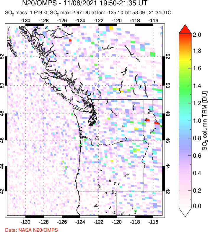 A sulfur dioxide image over Cascade Range, USA on Nov 08, 2021.