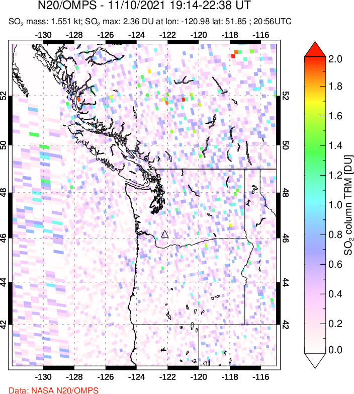 A sulfur dioxide image over Cascade Range, USA on Nov 10, 2021.