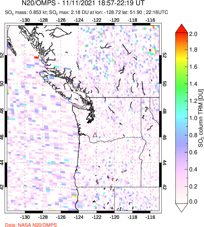 A sulfur dioxide image over Cascade Range, USA on Nov 11, 2021.