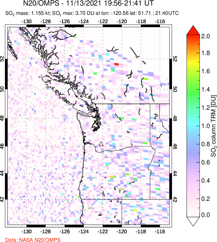 A sulfur dioxide image over Cascade Range, USA on Nov 13, 2021.