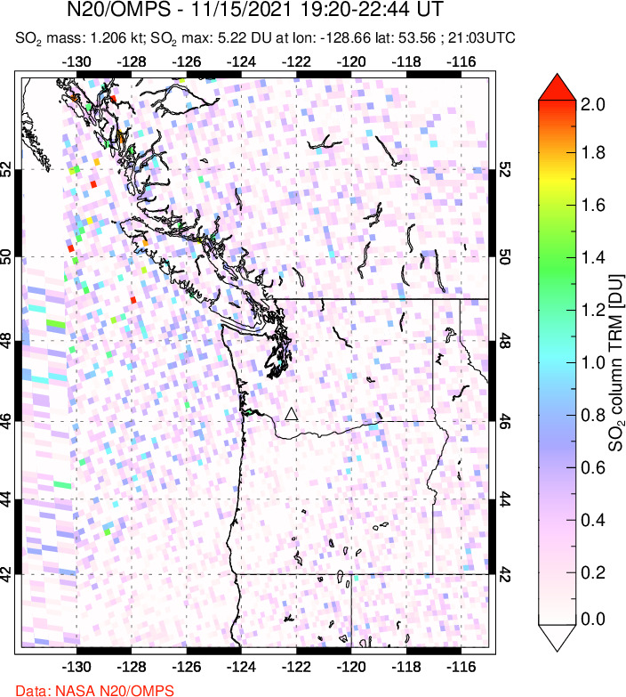 A sulfur dioxide image over Cascade Range, USA on Nov 15, 2021.