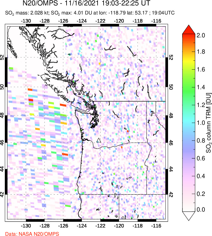 A sulfur dioxide image over Cascade Range, USA on Nov 16, 2021.