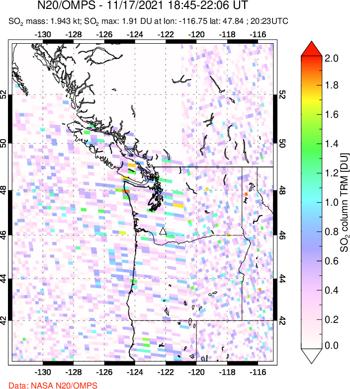 A sulfur dioxide image over Cascade Range, USA on Nov 17, 2021.