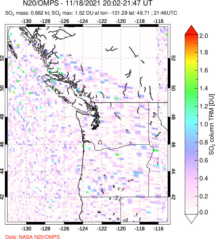 A sulfur dioxide image over Cascade Range, USA on Nov 18, 2021.