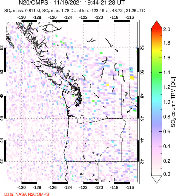 A sulfur dioxide image over Cascade Range, USA on Nov 19, 2021.