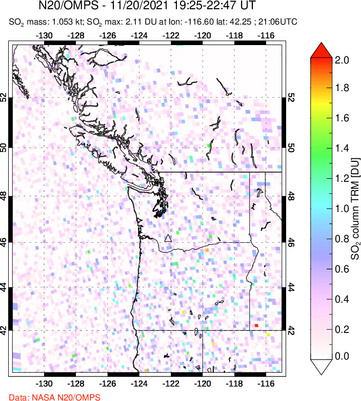 A sulfur dioxide image over Cascade Range, USA on Nov 20, 2021.