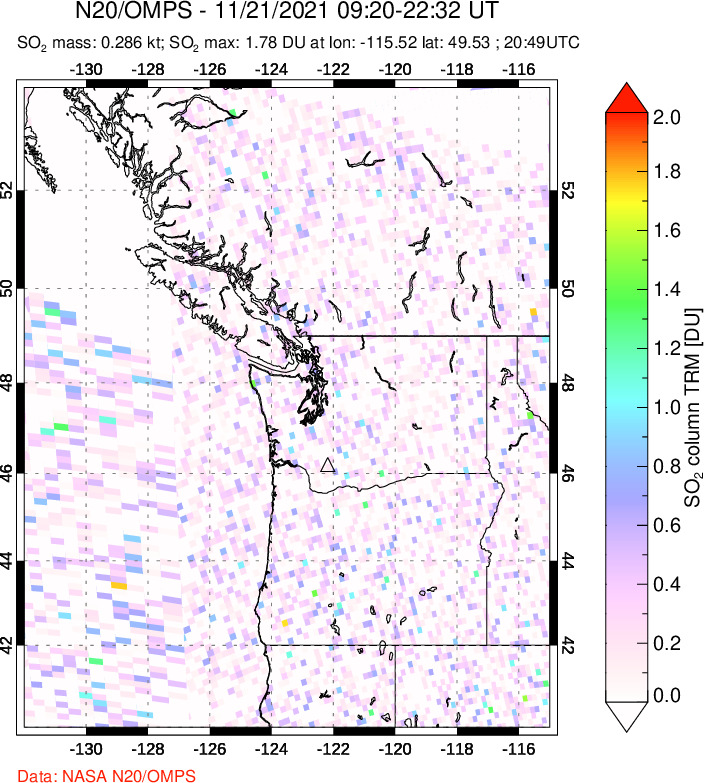 A sulfur dioxide image over Cascade Range, USA on Nov 21, 2021.