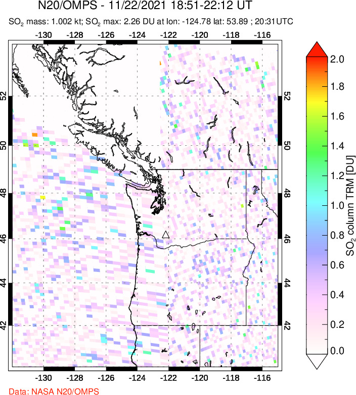 A sulfur dioxide image over Cascade Range, USA on Nov 22, 2021.