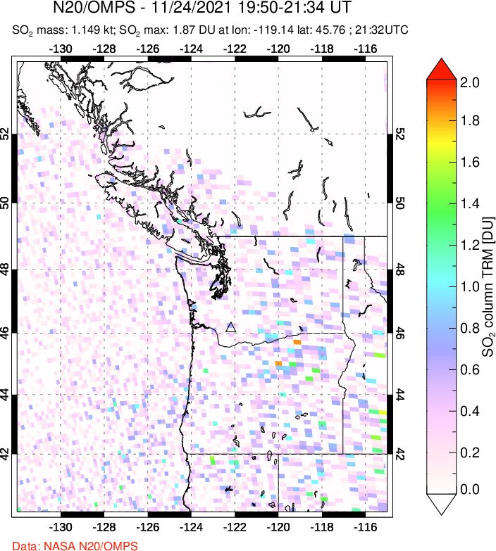 A sulfur dioxide image over Cascade Range, USA on Nov 24, 2021.