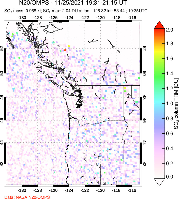 A sulfur dioxide image over Cascade Range, USA on Nov 25, 2021.