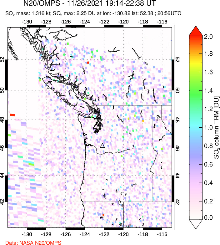 A sulfur dioxide image over Cascade Range, USA on Nov 26, 2021.