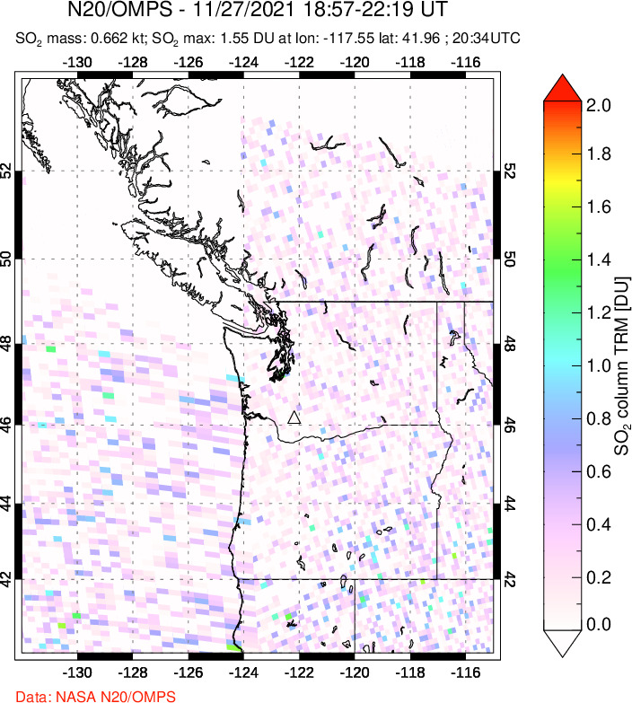 A sulfur dioxide image over Cascade Range, USA on Nov 27, 2021.