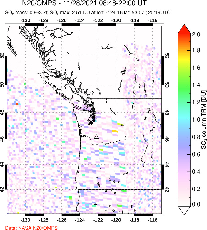 A sulfur dioxide image over Cascade Range, USA on Nov 28, 2021.