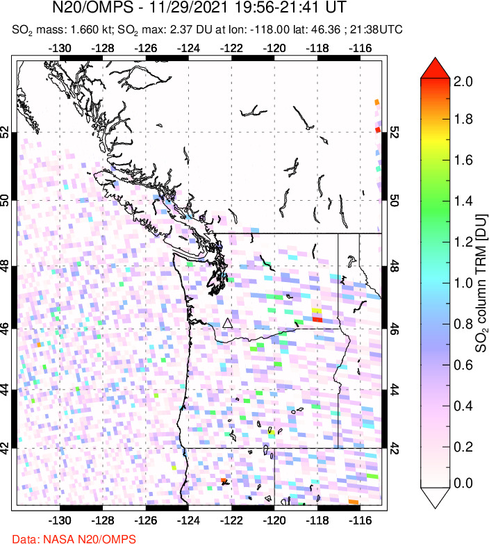 A sulfur dioxide image over Cascade Range, USA on Nov 29, 2021.