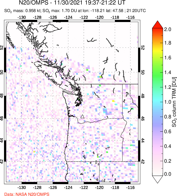 A sulfur dioxide image over Cascade Range, USA on Nov 30, 2021.