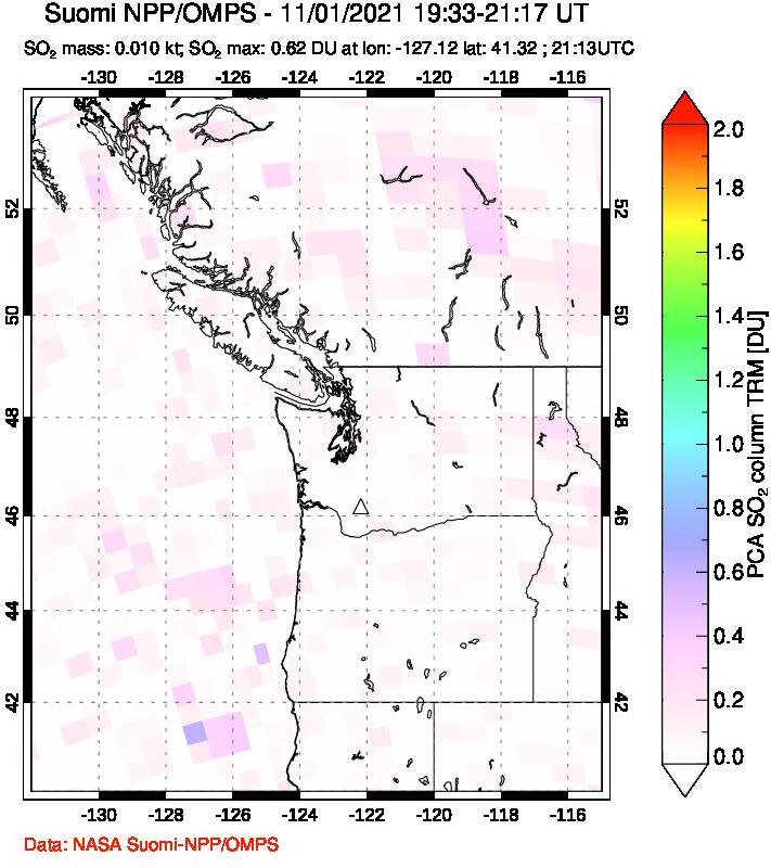 A sulfur dioxide image over Cascade Range, USA on Nov 01, 2021.