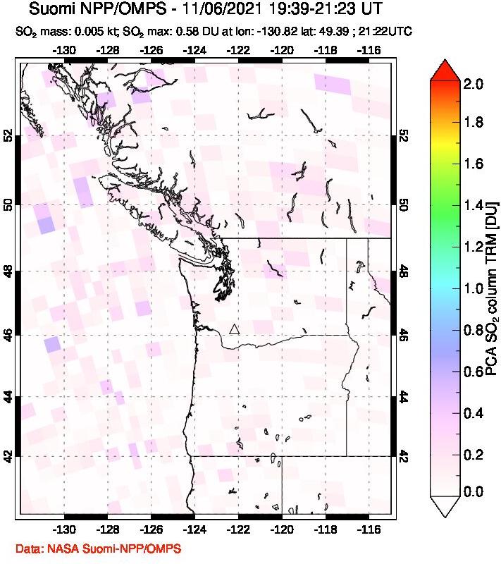 A sulfur dioxide image over Cascade Range, USA on Nov 06, 2021.