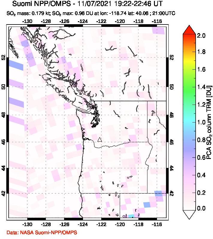 A sulfur dioxide image over Cascade Range, USA on Nov 07, 2021.