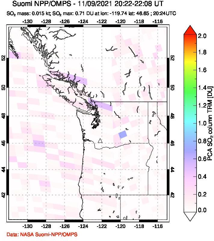 A sulfur dioxide image over Cascade Range, USA on Nov 09, 2021.