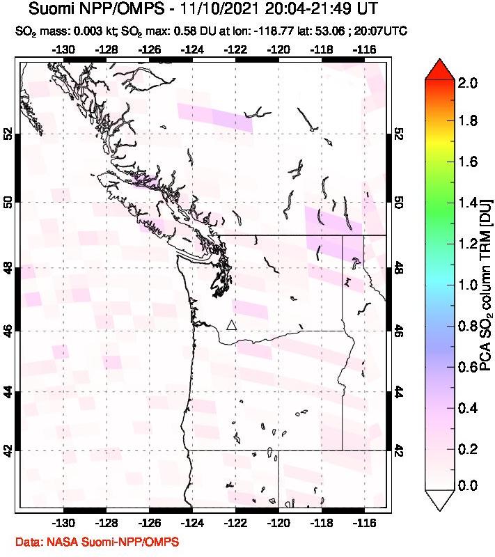 A sulfur dioxide image over Cascade Range, USA on Nov 10, 2021.