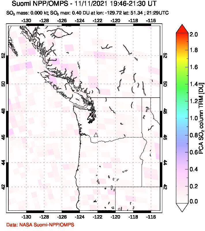 A sulfur dioxide image over Cascade Range, USA on Nov 11, 2021.