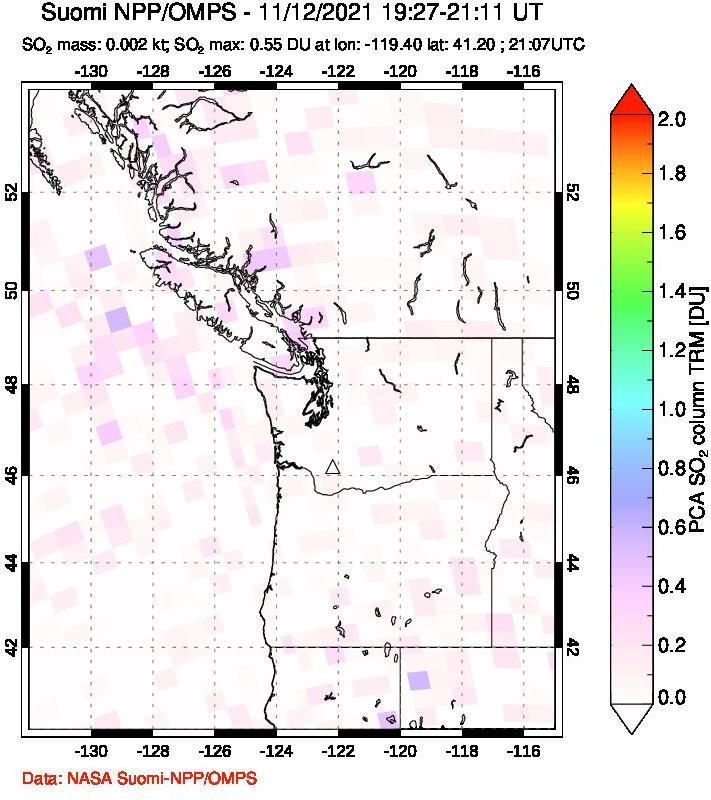 A sulfur dioxide image over Cascade Range, USA on Nov 12, 2021.