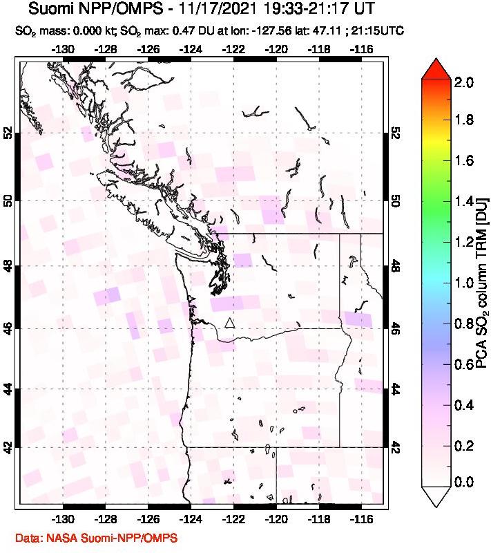 A sulfur dioxide image over Cascade Range, USA on Nov 17, 2021.