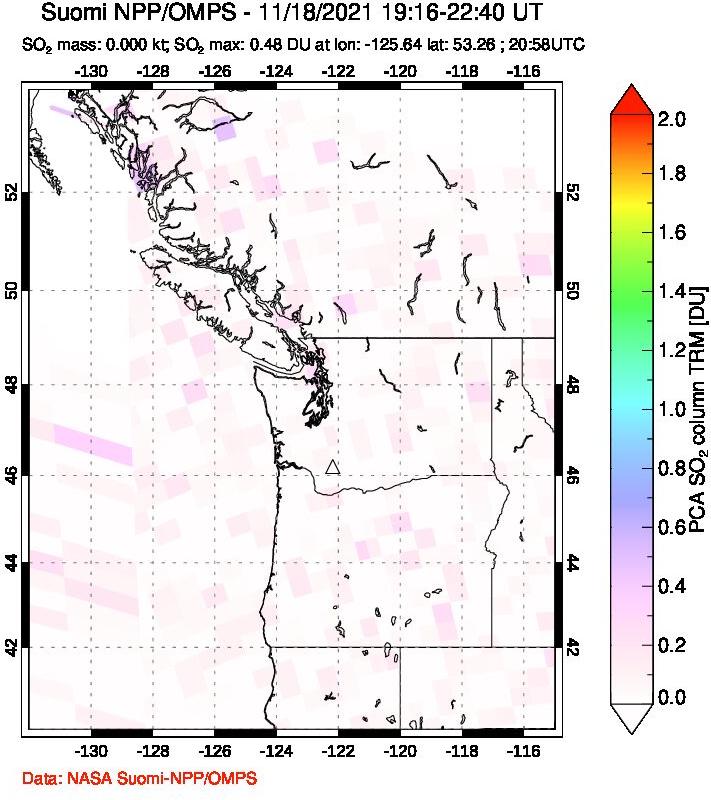 A sulfur dioxide image over Cascade Range, USA on Nov 18, 2021.