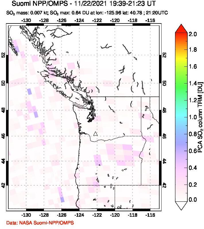 A sulfur dioxide image over Cascade Range, USA on Nov 22, 2021.