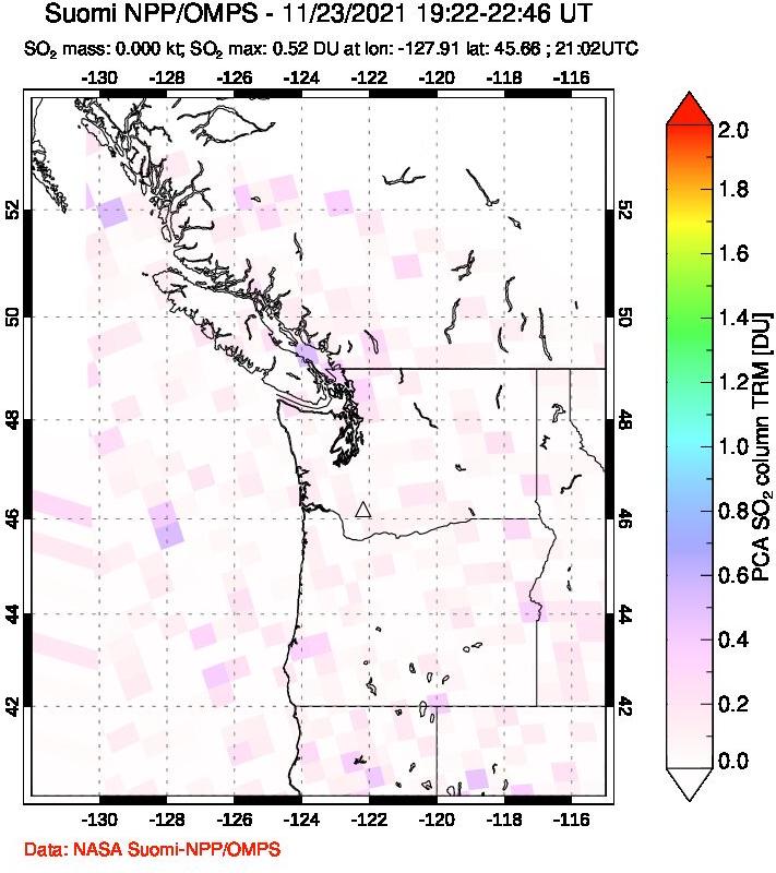 A sulfur dioxide image over Cascade Range, USA on Nov 23, 2021.