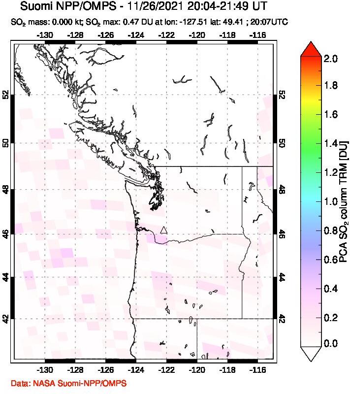 A sulfur dioxide image over Cascade Range, USA on Nov 26, 2021.