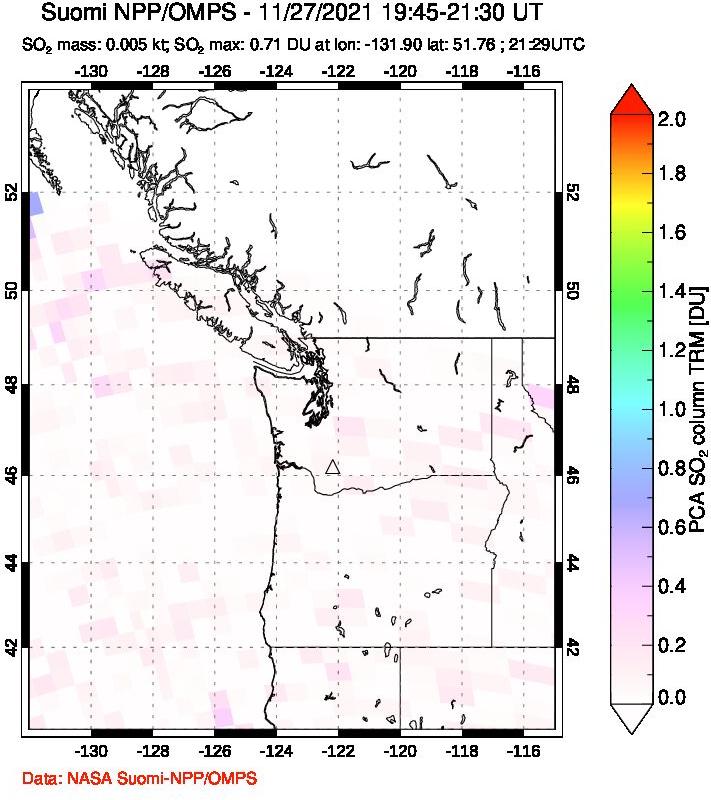 A sulfur dioxide image over Cascade Range, USA on Nov 27, 2021.