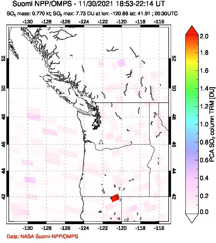 A sulfur dioxide image over Cascade Range, USA on Nov 30, 2021.