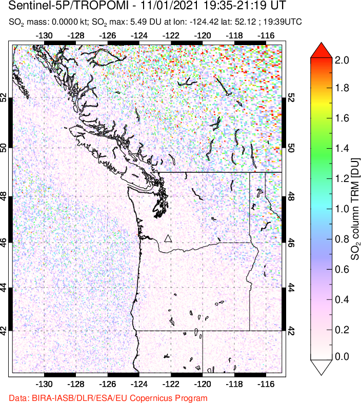 A sulfur dioxide image over Cascade Range, USA on Nov 01, 2021.