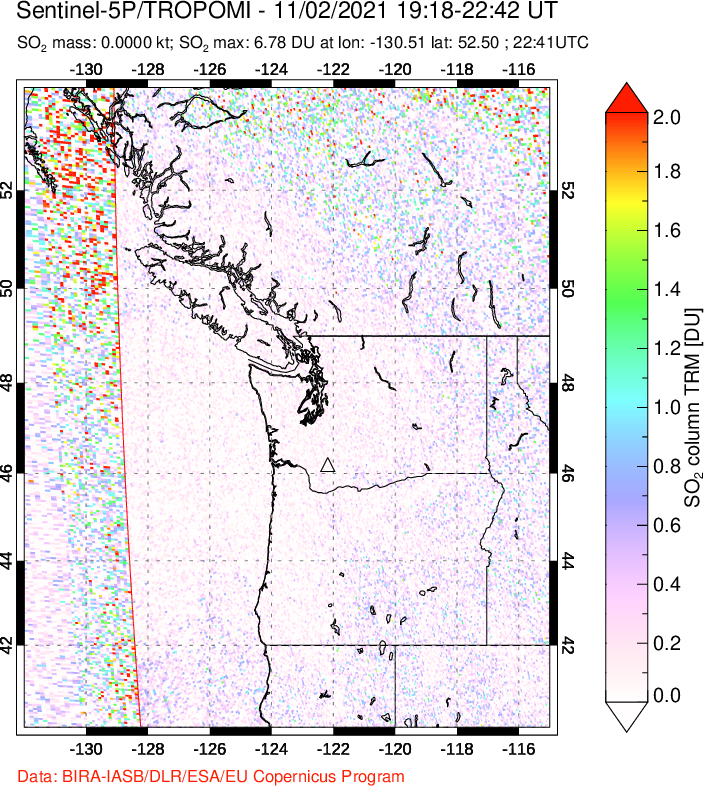 A sulfur dioxide image over Cascade Range, USA on Nov 02, 2021.