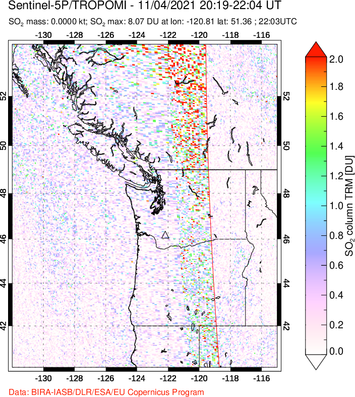 A sulfur dioxide image over Cascade Range, USA on Nov 04, 2021.