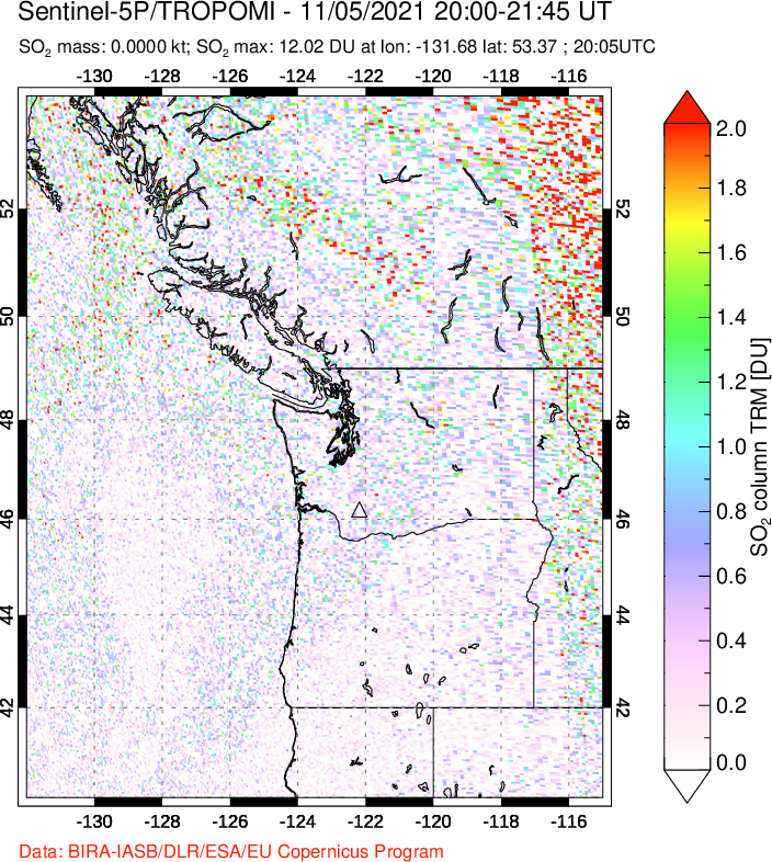 A sulfur dioxide image over Cascade Range, USA on Nov 05, 2021.