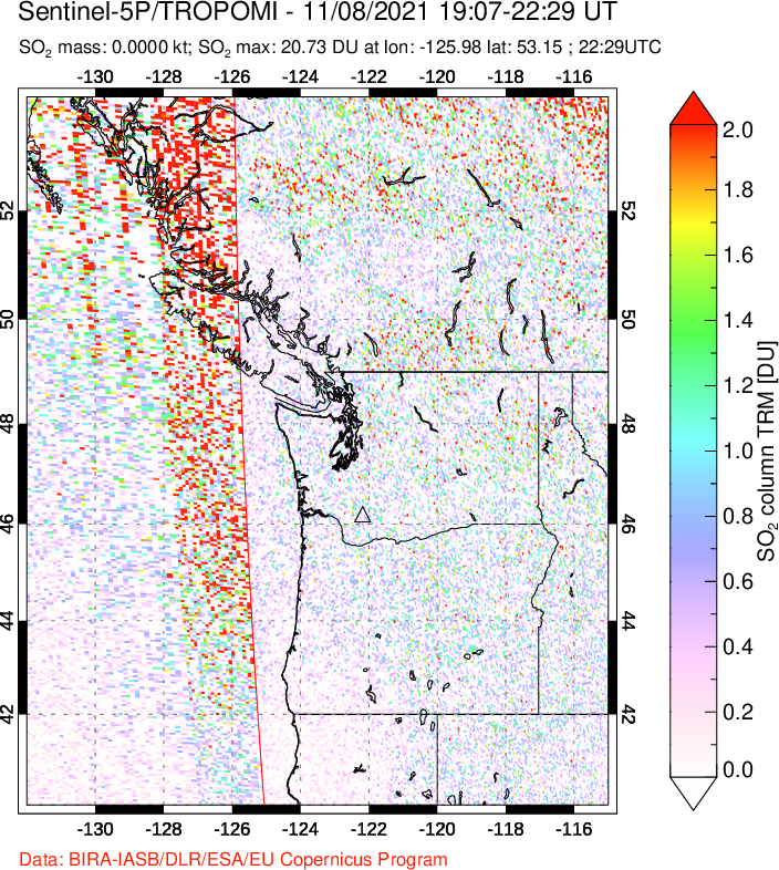 A sulfur dioxide image over Cascade Range, USA on Nov 08, 2021.