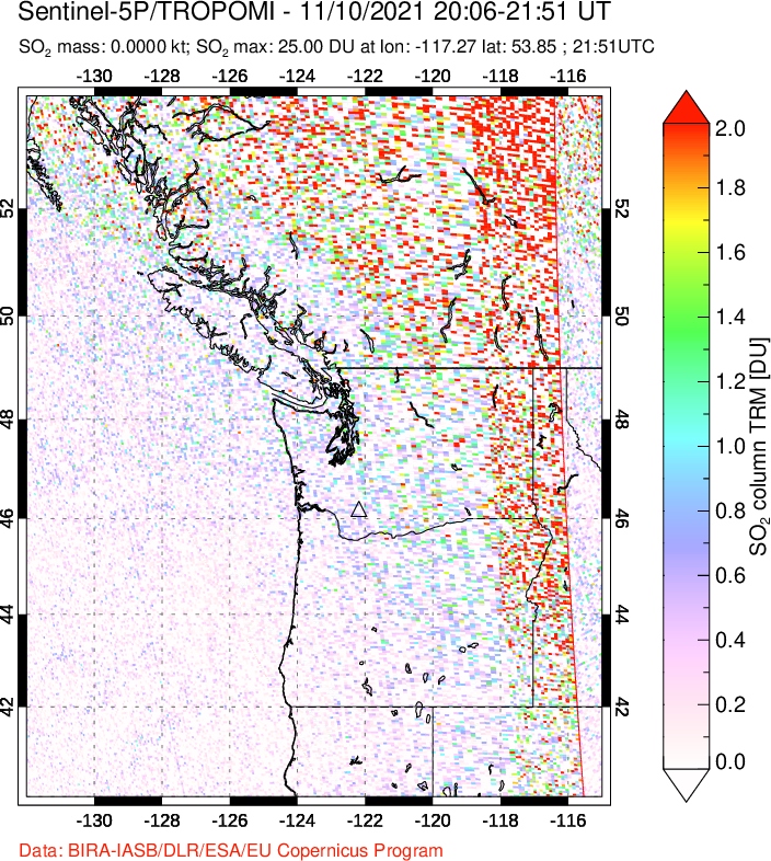 A sulfur dioxide image over Cascade Range, USA on Nov 10, 2021.