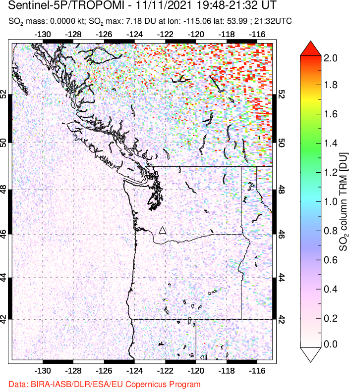 A sulfur dioxide image over Cascade Range, USA on Nov 11, 2021.