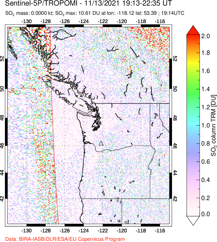 A sulfur dioxide image over Cascade Range, USA on Nov 13, 2021.