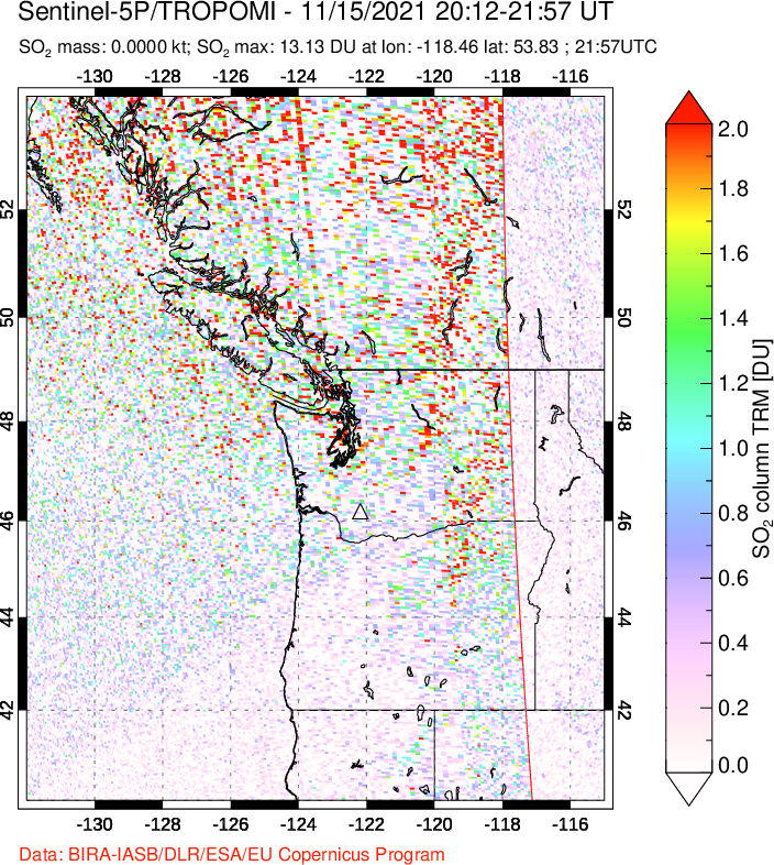 A sulfur dioxide image over Cascade Range, USA on Nov 15, 2021.