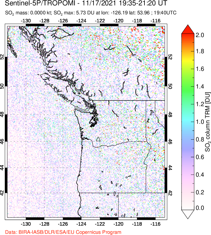 A sulfur dioxide image over Cascade Range, USA on Nov 17, 2021.
